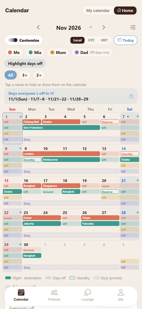 Our calendar — your and your family's duties layered in a colour per person, with the days everyone's off (sample family schedule)