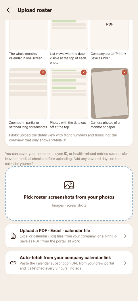 Upload roster screen — screenshots, PDF, Excel, calendar file or calendar link, no airline login