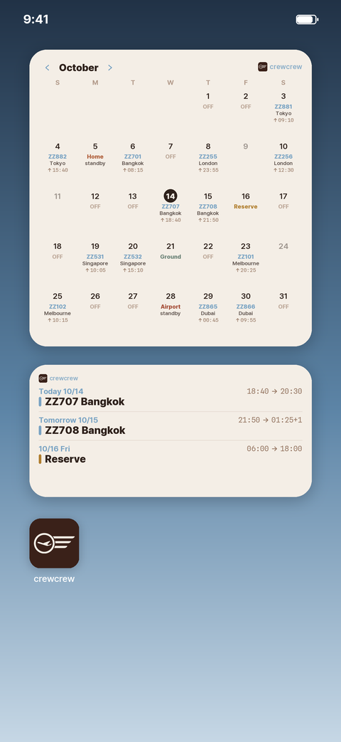 Home screen widgets — this month's duty calendar and the next flights